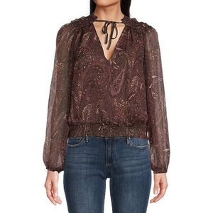 Paisley Print Smocked Detail V-Neck Long Sleeve Bubble Hem Blouse